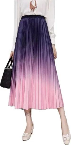 Women's Pleated Midi Skirt, Blue Ombre Gradient, High Waist, A-Line