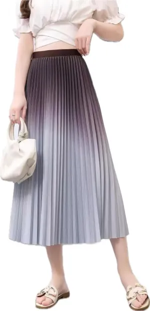Women's Pleated Midi Skirt, Blue Ombre Gradient, High Waist, A-Line