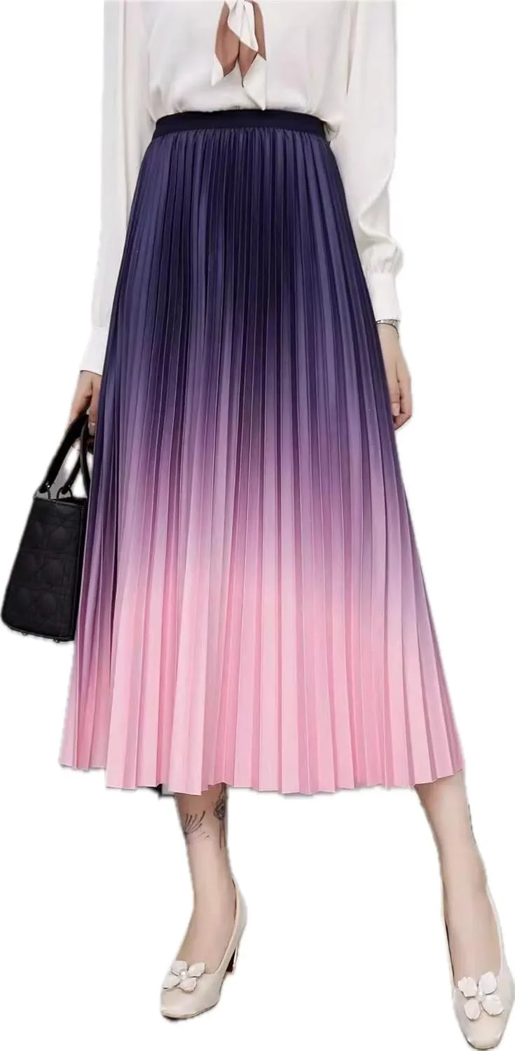Women's Pleated Midi Skirt, Blue Ombre Gradient, High Waist, A-Line