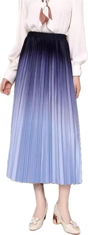 Women's Pleated Midi Skirt, Blue Ombre Gradient, High Waist, A-Line
