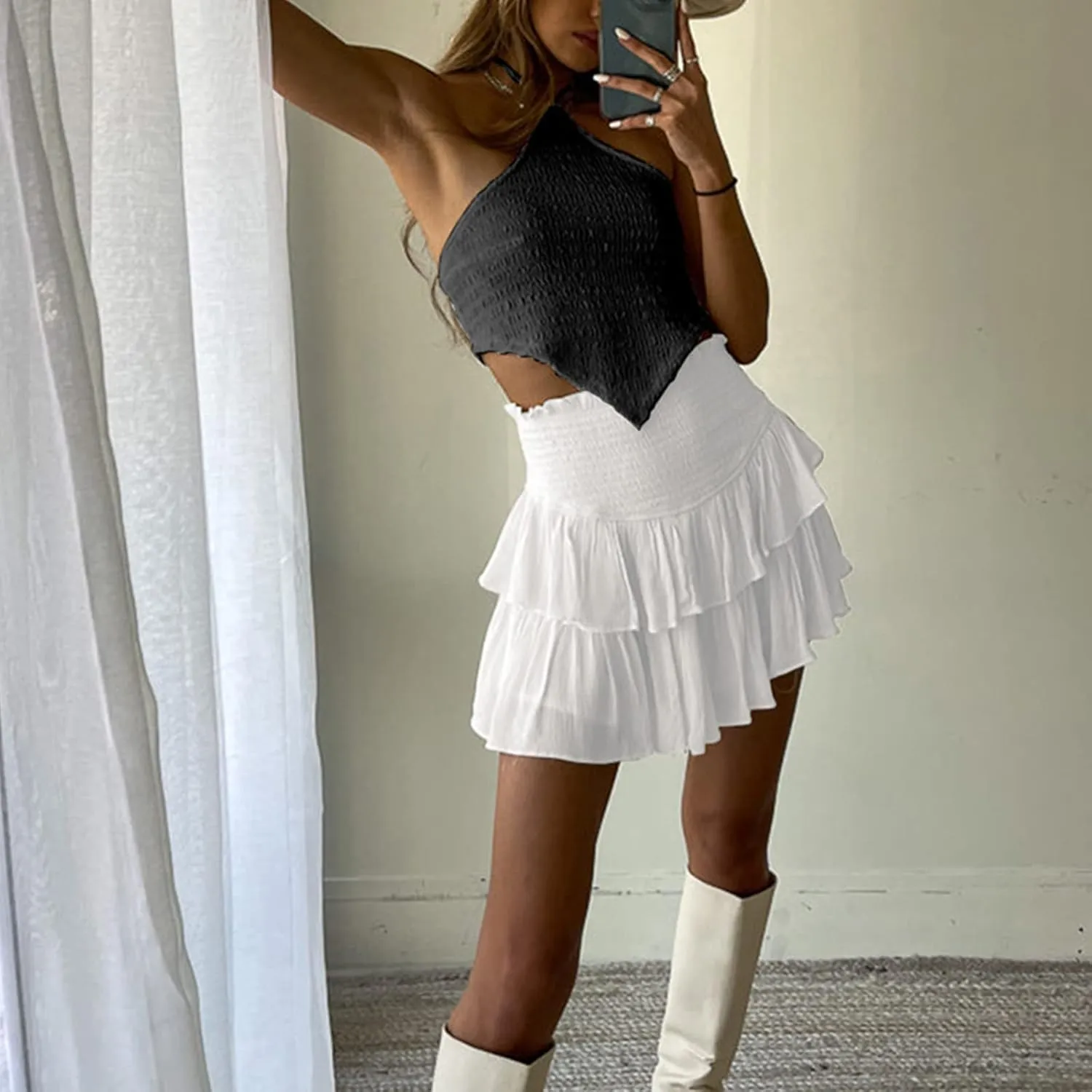 Womens Pleated Mini Skirt High Waisted Skorts Ruffle A Line Ruched Casual Skort Y2K Skater Skirts