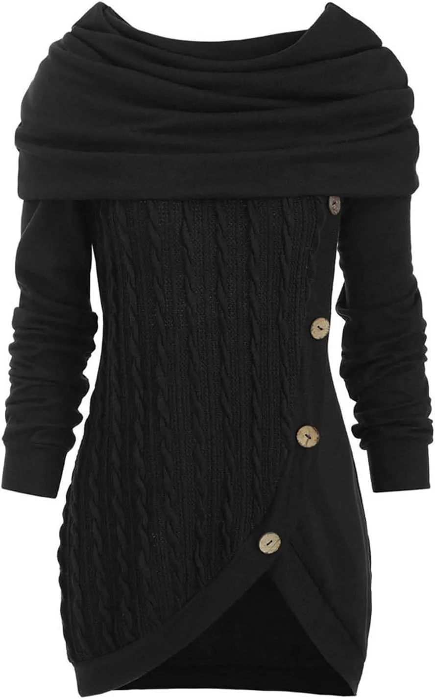 Women's Pullover Sweaters Plus Size O-Neck Long Sleeve Solid Botton Pachwork Asymmetric Tops Sweater, S-5XL