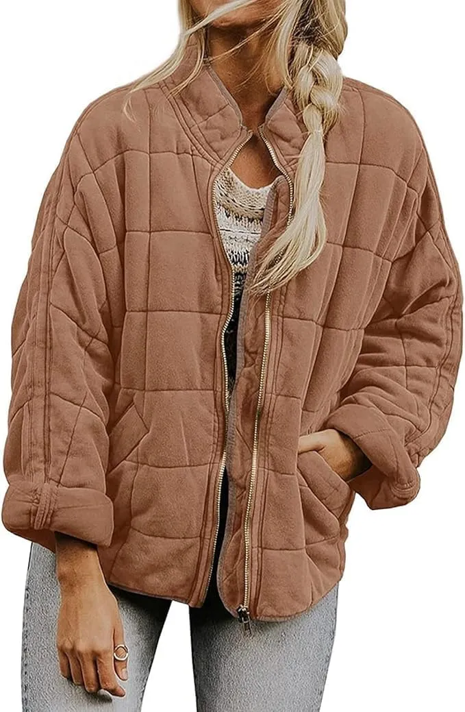 Women'S Quilted Puffer Jacket Stand Oversized Lightweight Zipper Coats With Pockets