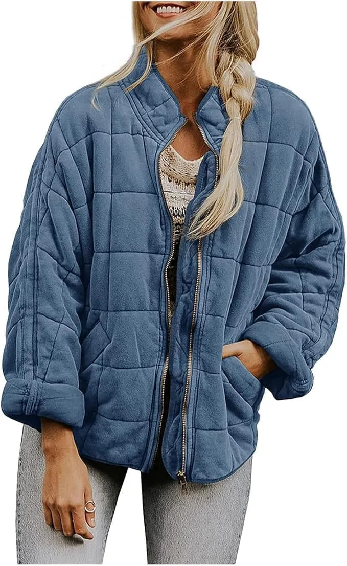 Women'S Quilted Puffer Jacket Stand Oversized Lightweight Zipper Coats With Pockets