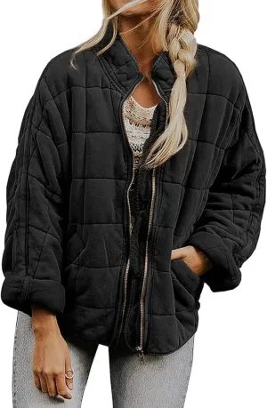 Women'S Quilted Puffer Jacket Stand Oversized Lightweight Zipper Coats With Pockets