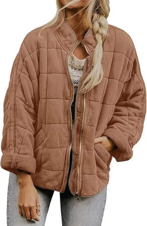 Women'S Quilted Puffer Jacket Stand Oversized Lightweight Zipper Coats With Pockets