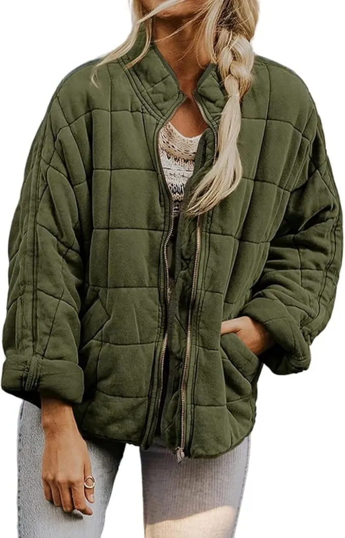 Women'S Quilted Puffer Jacket Stand Oversized Lightweight Zipper Coats With Pockets