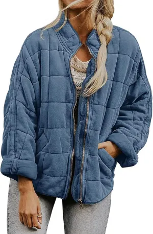 Women'S Quilted Puffer Jacket Stand Oversized Lightweight Zipper Coats With Pockets