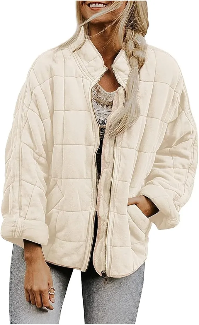 Women'S Quilted Puffer Jacket Stand Oversized Lightweight Zipper Coats With Pockets