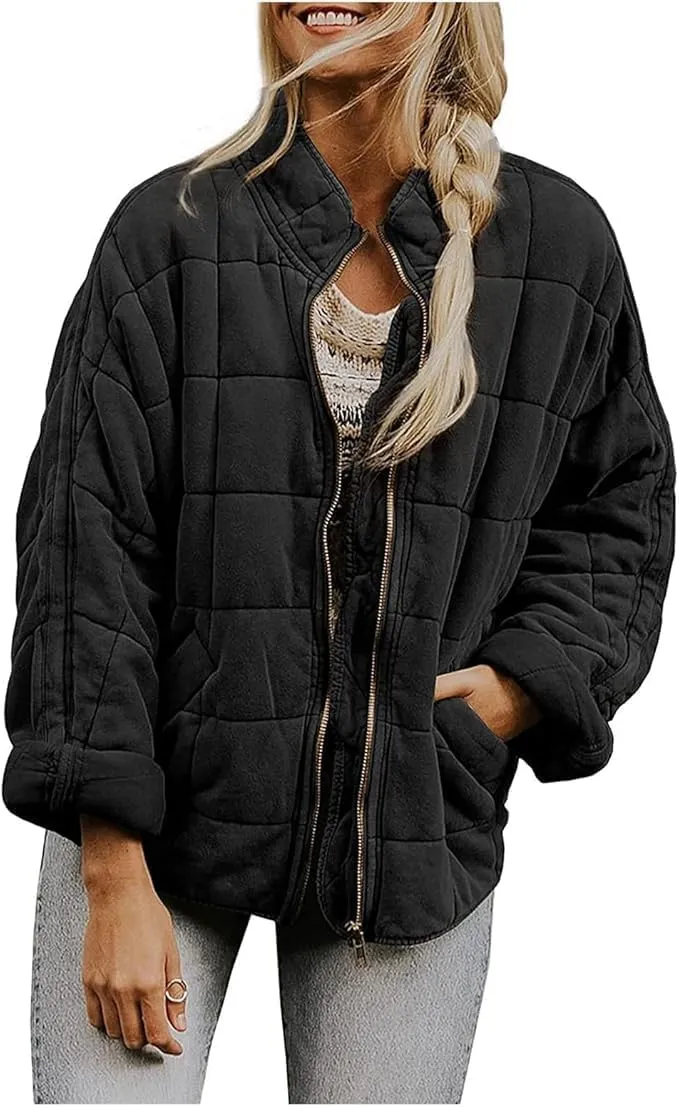 Women'S Quilted Puffer Jacket Stand Oversized Lightweight Zipper Coats With Pockets