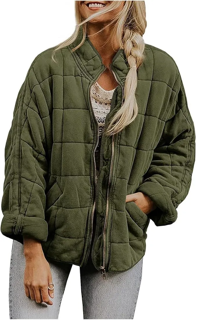 Women'S Quilted Puffer Jacket Stand Oversized Lightweight Zipper Coats With Pockets