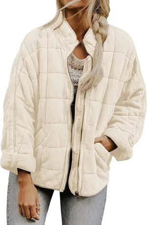 Women'S Quilted Puffer Jacket Stand Oversized Lightweight Zipper Coats With Pockets
