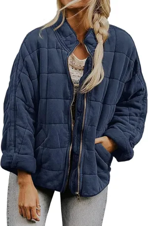 Women'S Quilted Puffer Jacket Stand Oversized Lightweight Zipper Coats With Pockets