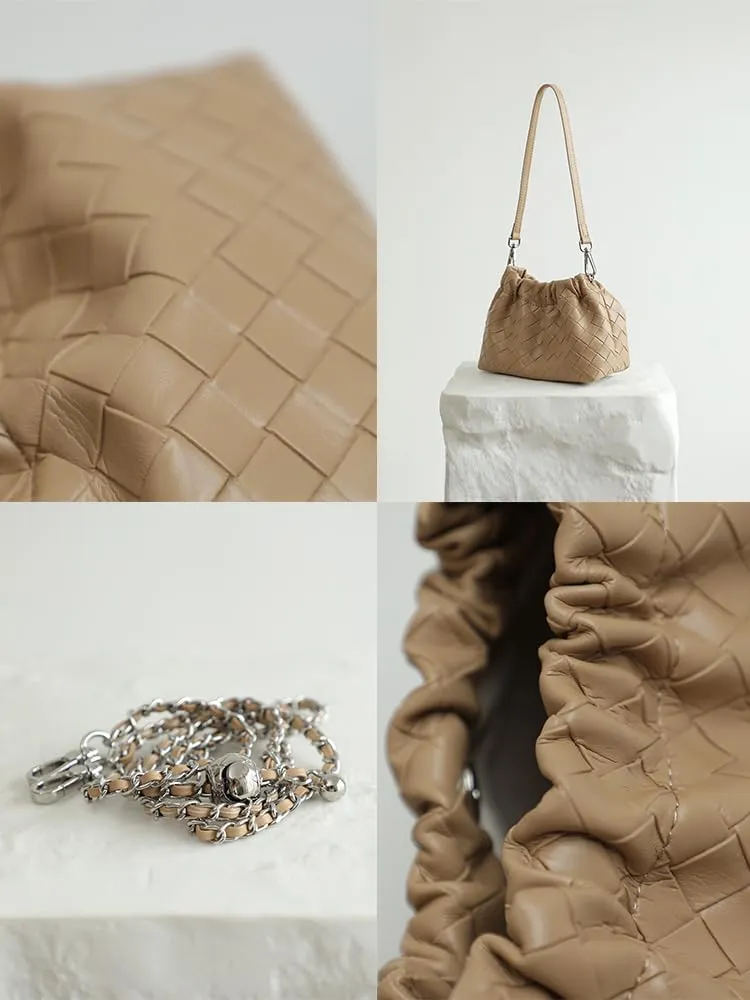 Women's Retro Genuine Leather Chain Ball Woven Shoulder Crossbody Underarm Bag Clutch Cloud Dumpling Handbag Versatile Hobo