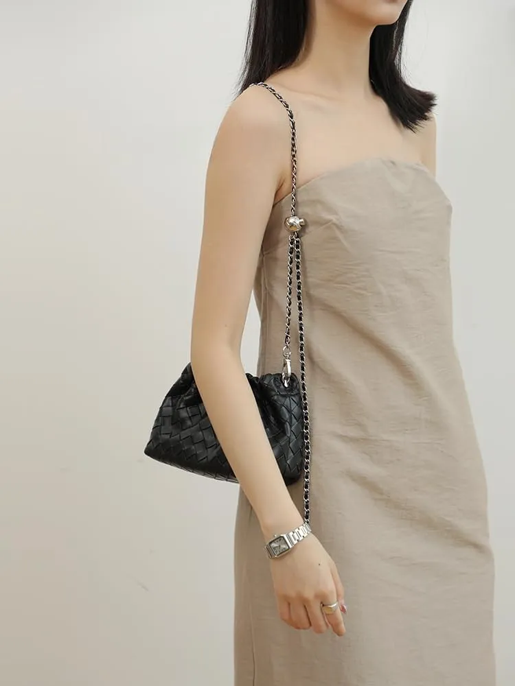 Women's Retro Genuine Leather Chain Ball Woven Shoulder Crossbody Underarm Bag Clutch Cloud Dumpling Handbag Versatile Hobo
