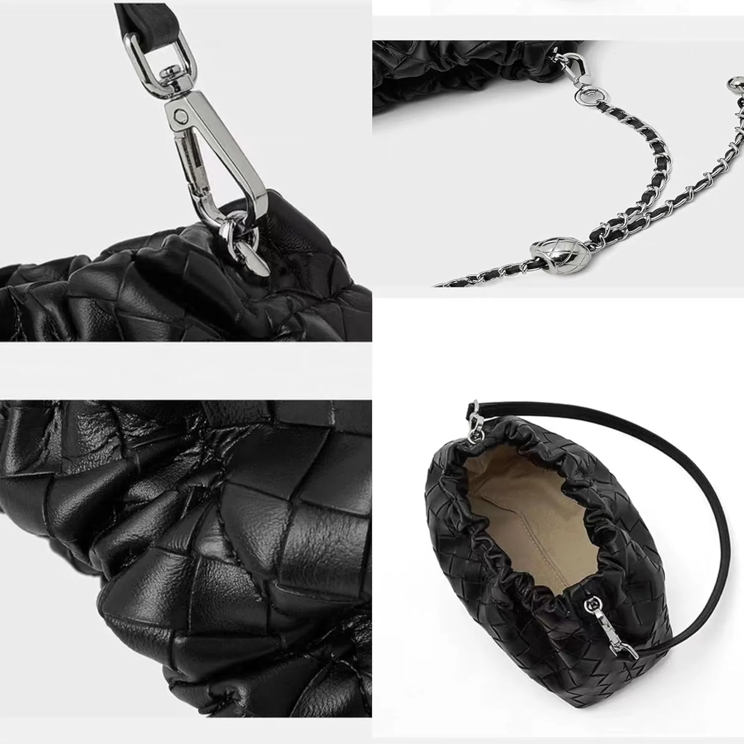 Women's Retro Genuine Leather Chain Ball Woven Shoulder Crossbody Underarm Bag Clutch Cloud Dumpling Handbag Versatile Hobo
