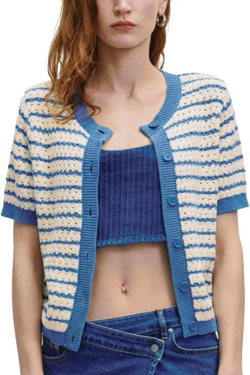 Womens Short Sleeve Summer Cardigan Button Down Sweater Casual Crew Neck Striped Top Trendy