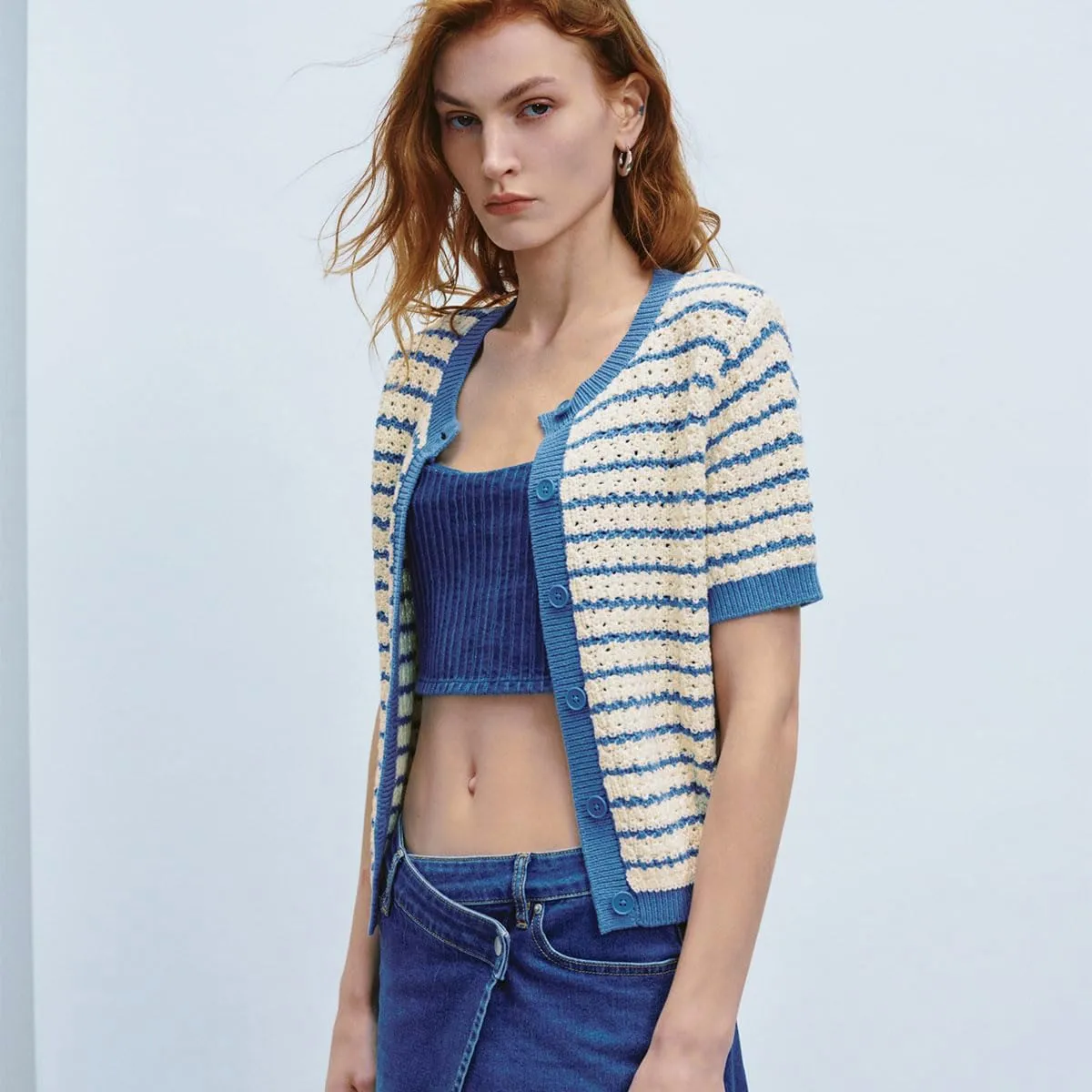 Womens Short Sleeve Summer Cardigan Button Down Sweater Casual Crew Neck Striped Top Trendy