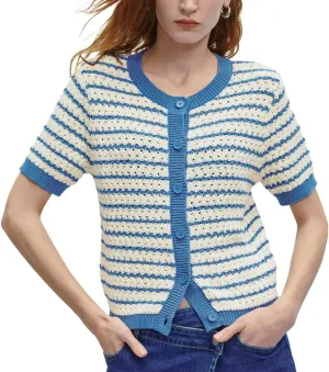 Womens Short Sleeve Summer Cardigan Button Down Sweater Casual Crew Neck Striped Top Trendy