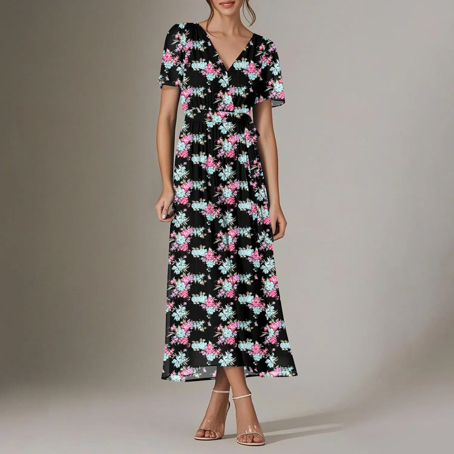 Womens Summer Floral Maxi Dress Casual Chiffon V Neck Short Sleeve Flowy Beach Wedding Guest Trendy Long Dresses