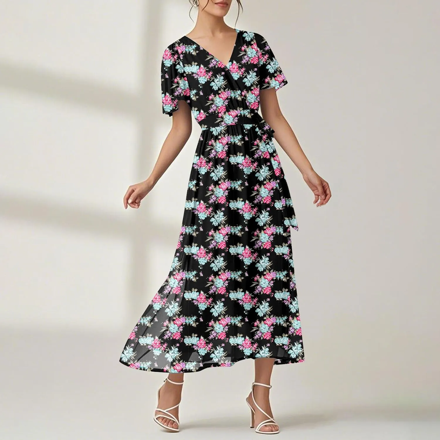 Womens Summer Floral Maxi Dress Casual Chiffon V Neck Short Sleeve Flowy Beach Wedding Guest Trendy Long Dresses
