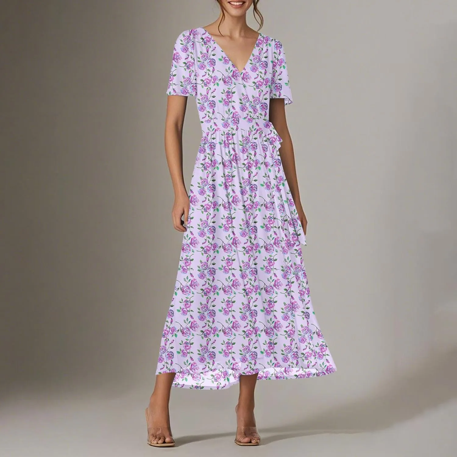 Womens Summer Floral Maxi Dress Casual Chiffon V Neck Short Sleeve Flowy Beach Wedding Guest Trendy Long Dresses