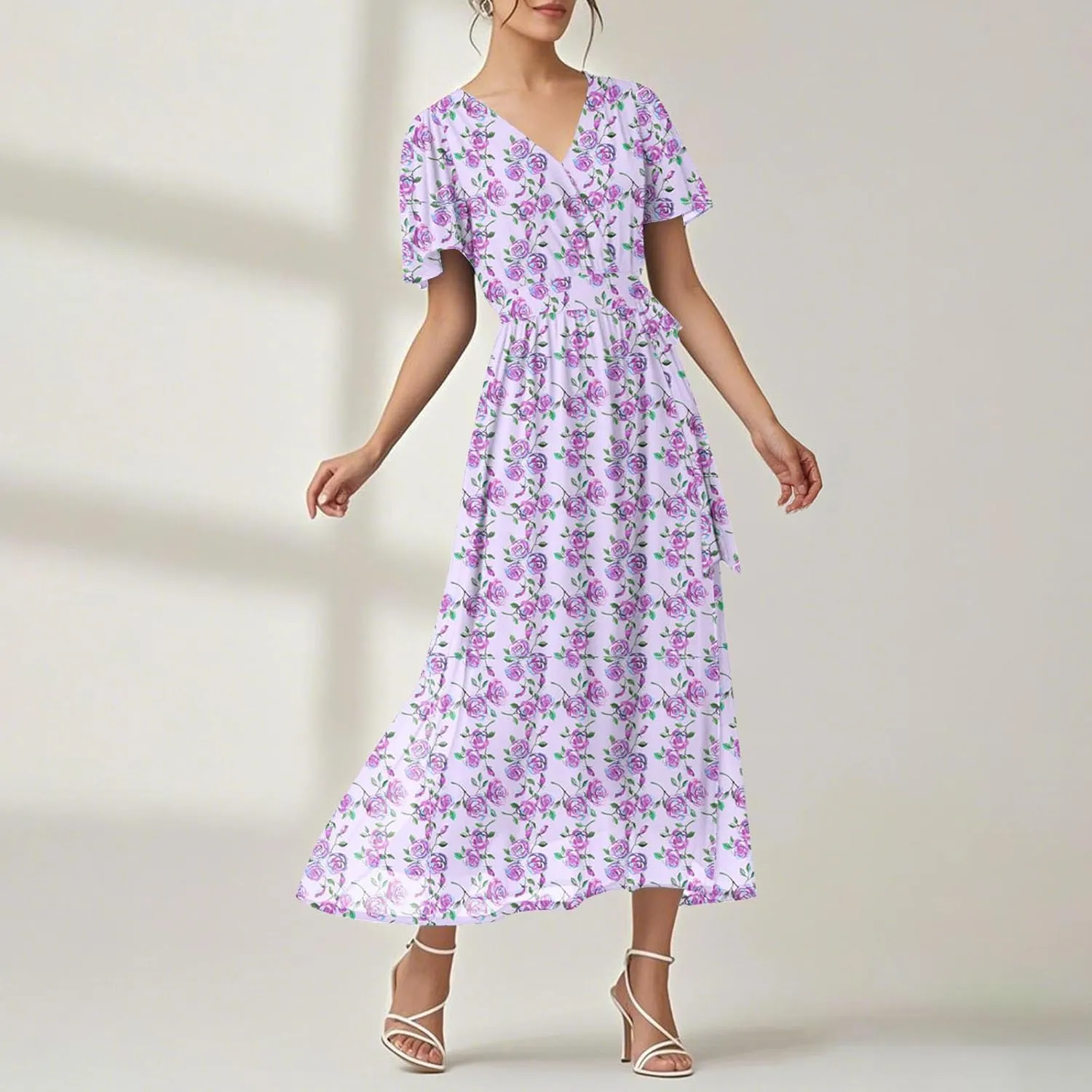 Womens Summer Floral Maxi Dress Casual Chiffon V Neck Short Sleeve Flowy Beach Wedding Guest Trendy Long Dresses