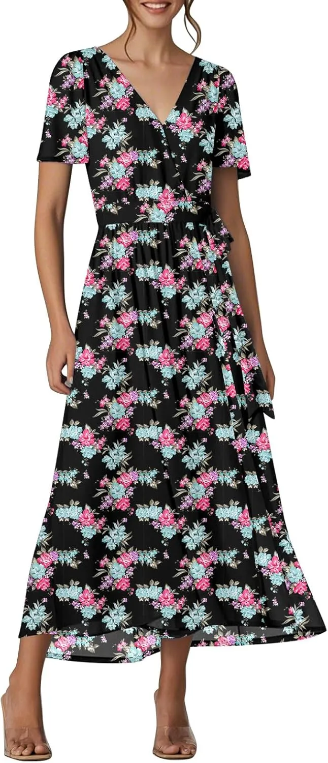 Womens Summer Floral Maxi Dress Casual Chiffon V Neck Short Sleeve Flowy Beach Wedding Guest Trendy Long Dresses