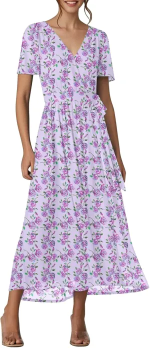 Womens Summer Floral Maxi Dress Casual Chiffon V Neck Short Sleeve Flowy Beach Wedding Guest Trendy Long Dresses