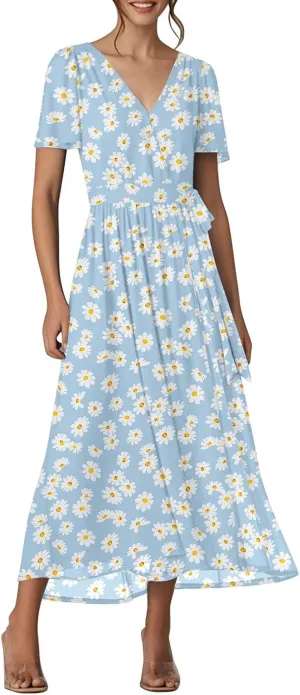 Womens Summer Floral Maxi Dress Casual Chiffon V Neck Short Sleeve Flowy Beach Wedding Guest Trendy Long Dresses
