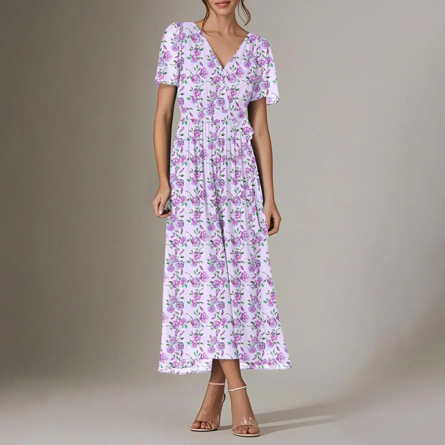 Womens Summer Floral Maxi Dress Casual Chiffon V Neck Short Sleeve Flowy Beach Wedding Guest Trendy Long Dresses