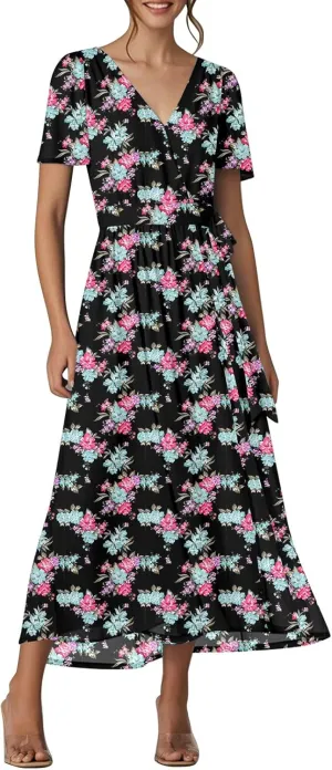 Womens Summer Floral Maxi Dress Casual Chiffon V Neck Short Sleeve Flowy Beach Wedding Guest Trendy Long Dresses