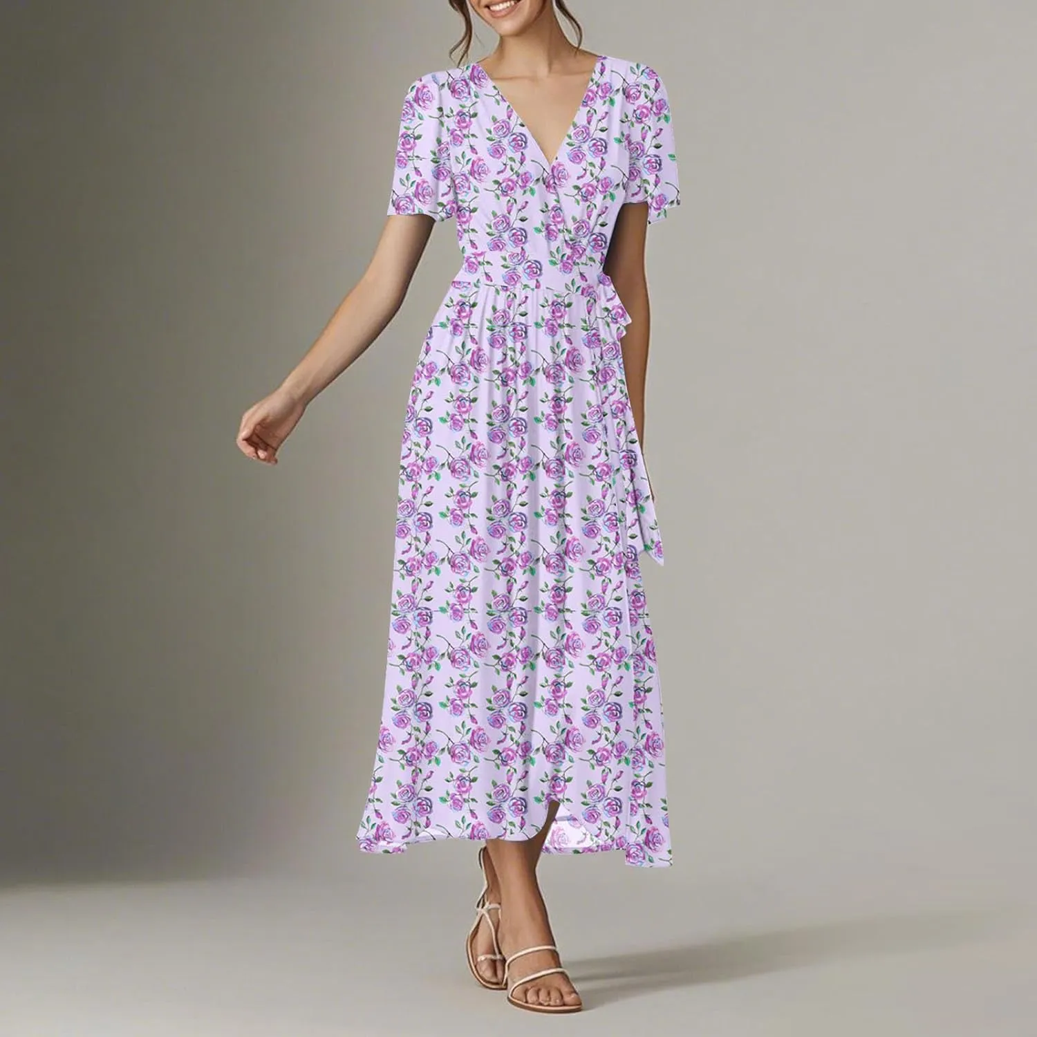 Womens Summer Floral Maxi Dress Casual Chiffon V Neck Short Sleeve Flowy Beach Wedding Guest Trendy Long Dresses
