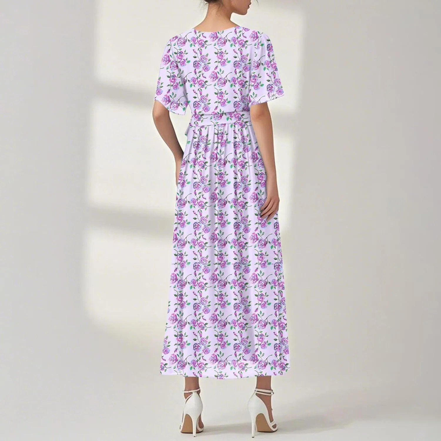 Womens Summer Floral Maxi Dress Casual Chiffon V Neck Short Sleeve Flowy Beach Wedding Guest Trendy Long Dresses