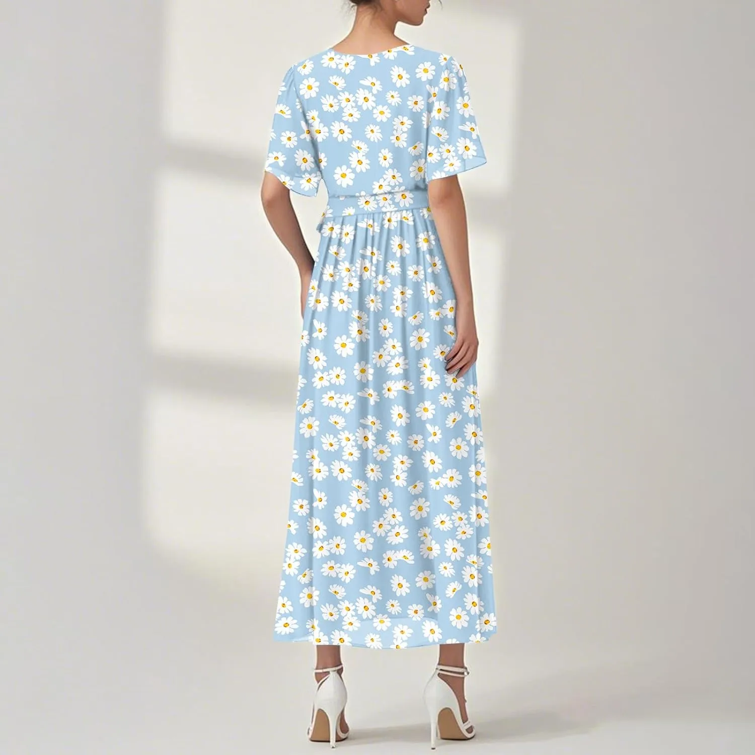 Womens Summer Floral Maxi Dress Casual Chiffon V Neck Short Sleeve Flowy Beach Wedding Guest Trendy Long Dresses