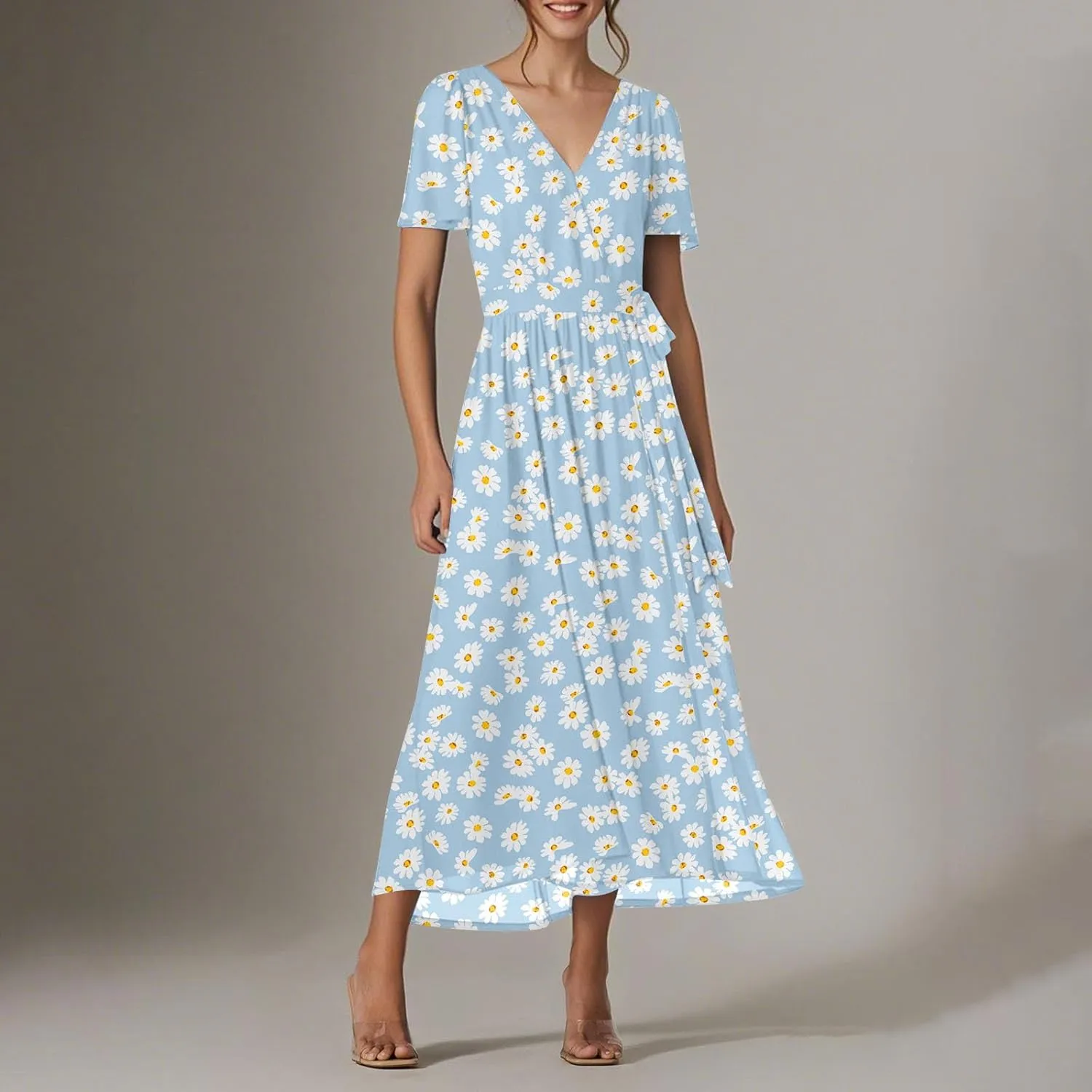 Womens Summer Floral Maxi Dress Casual Chiffon V Neck Short Sleeve Flowy Beach Wedding Guest Trendy Long Dresses