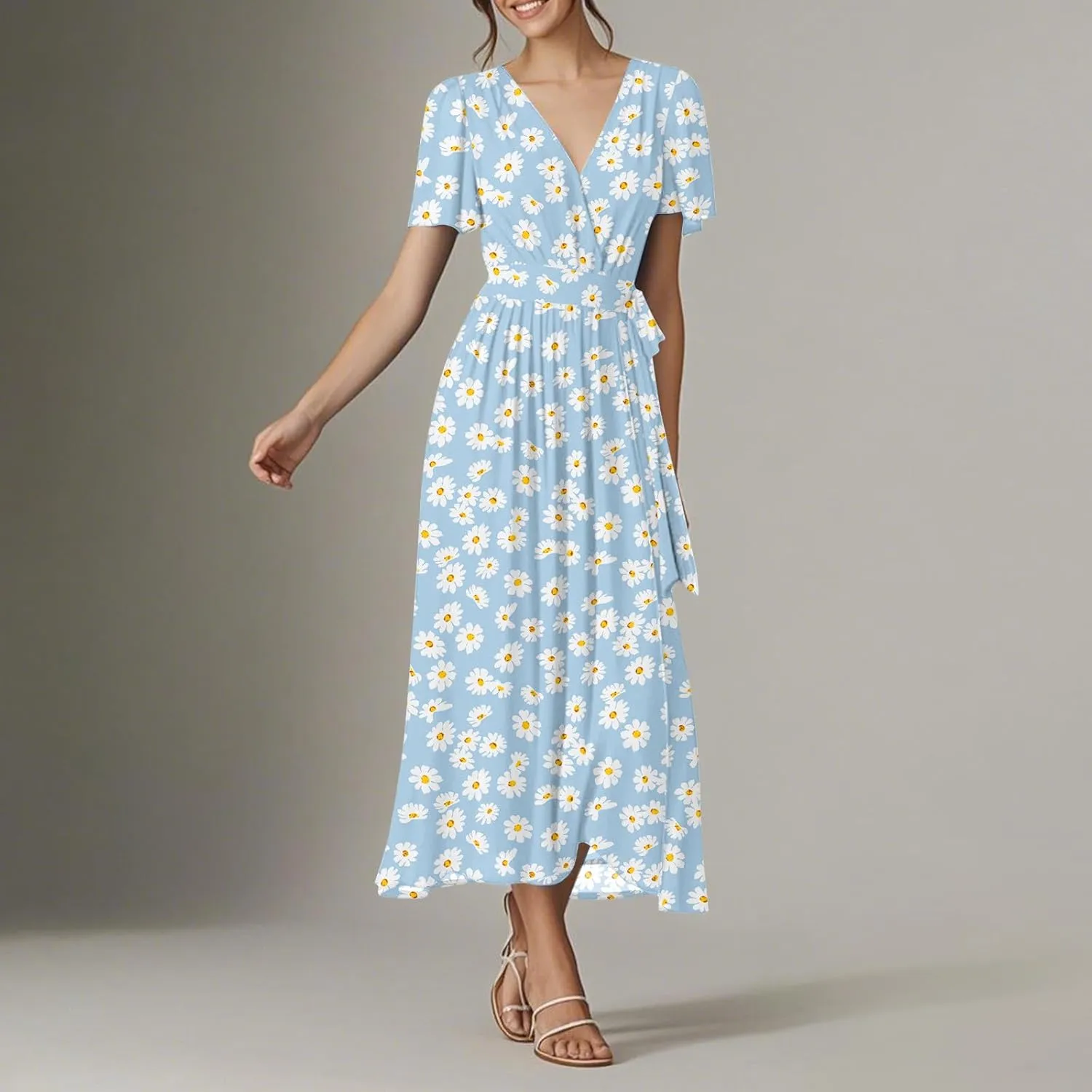 Womens Summer Floral Maxi Dress Casual Chiffon V Neck Short Sleeve Flowy Beach Wedding Guest Trendy Long Dresses