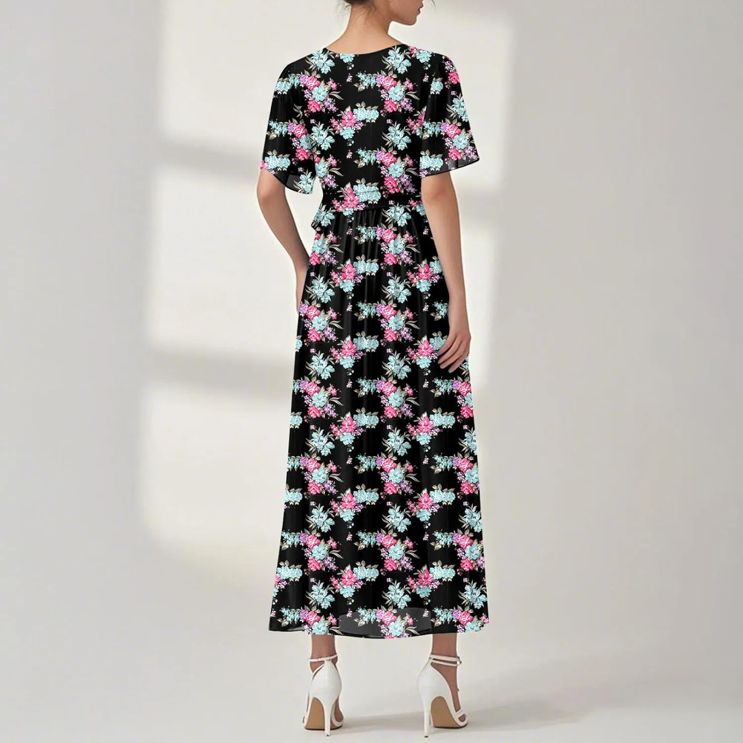Womens Summer Floral Maxi Dress Casual Chiffon V Neck Short Sleeve Flowy Beach Wedding Guest Trendy Long Dresses