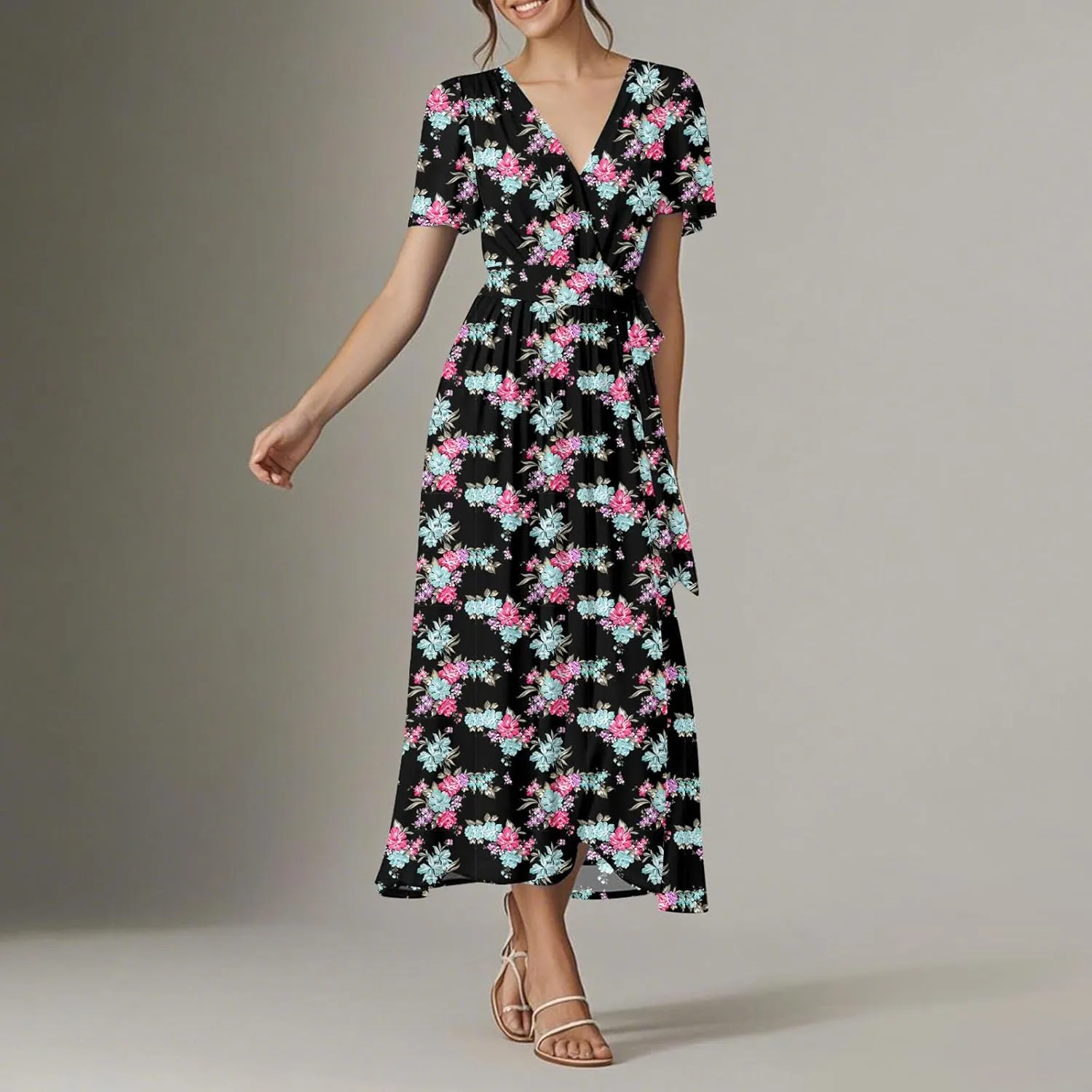 Womens Summer Floral Maxi Dress Casual Chiffon V Neck Short Sleeve Flowy Beach Wedding Guest Trendy Long Dresses