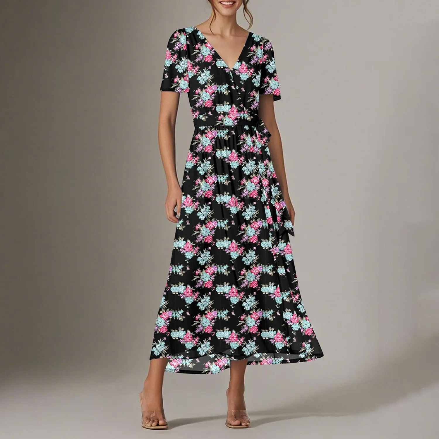 Womens Summer Floral Maxi Dress Casual Chiffon V Neck Short Sleeve Flowy Beach Wedding Guest Trendy Long Dresses