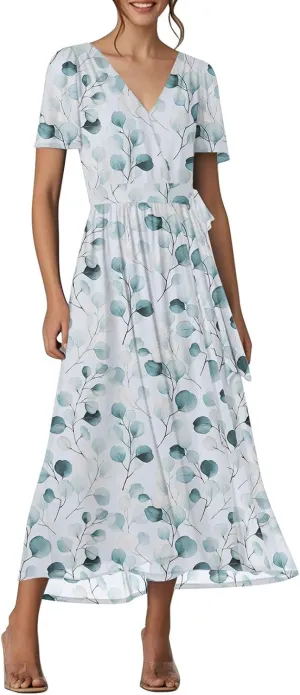 Womens Summer Floral Maxi Dress Casual Chiffon V Neck Short Sleeve Flowy Beach Wedding Guest Trendy Long Dresses
