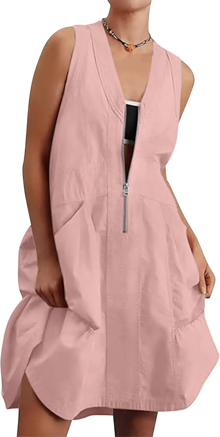 Womens Summer Half Zip Up Tank Mini Dress Sleeveless V Neck Sporty Utility Casual Dresses with Pockets