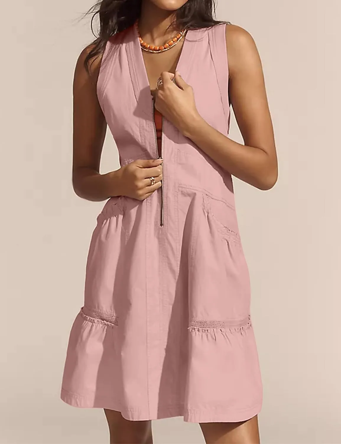 Womens Summer Half Zip Up Tank Mini Dress Sleeveless V Neck Sporty Utility Casual Dresses with Pockets