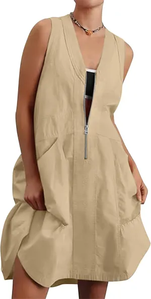 Womens Summer Half Zip Up Tank Mini Dress Sleeveless V Neck Sporty Utility Casual Dresses with Pockets