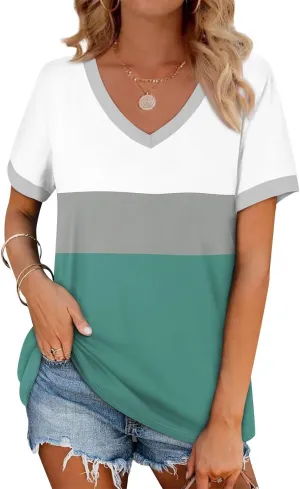 Womens Summer Tops Striped V Neck Short Sleeve T Shirts Casual Loose Fit Basic Tees Trendy Cute Dating Work Blouses