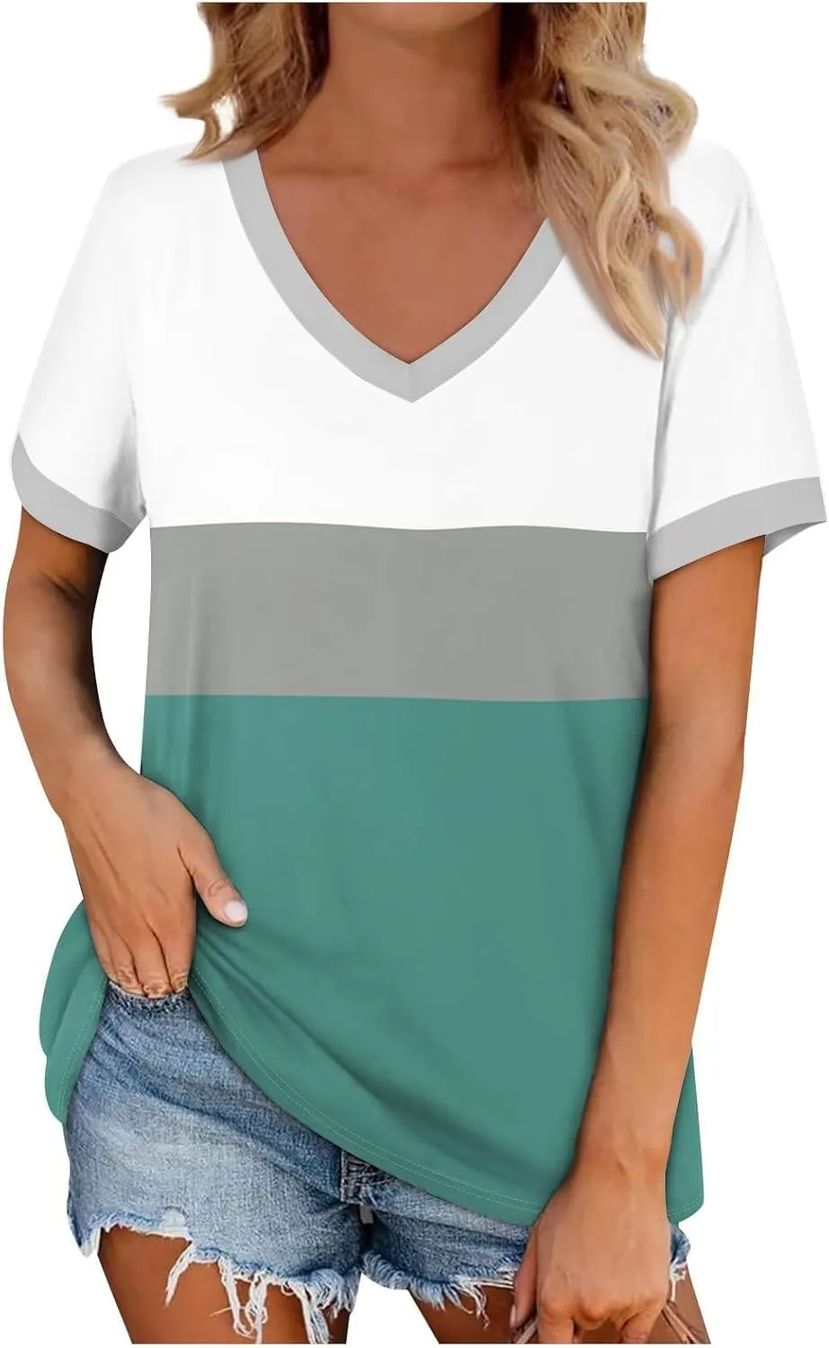 Womens Summer Tops Striped V Neck Short Sleeve T Shirts Casual Loose Fit Basic Tees Trendy Cute Dating Work Blouses