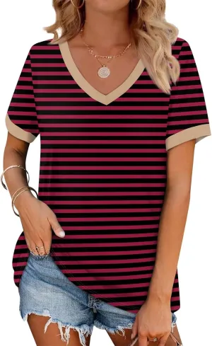 Womens Summer Tops Striped V Neck Short Sleeve T Shirts Casual Loose Fit Basic Tees Trendy Cute Dating Work Blouses