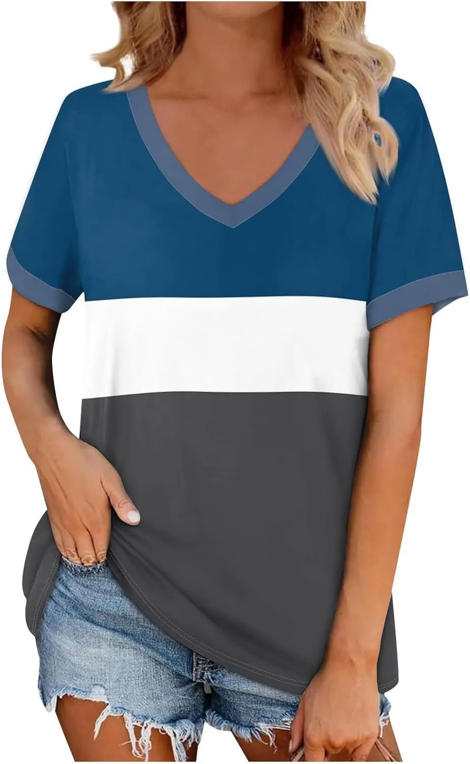 Womens Summer Tops Striped V Neck Short Sleeve T Shirts Casual Loose Fit Basic Tees Trendy Cute Dating Work Blouses