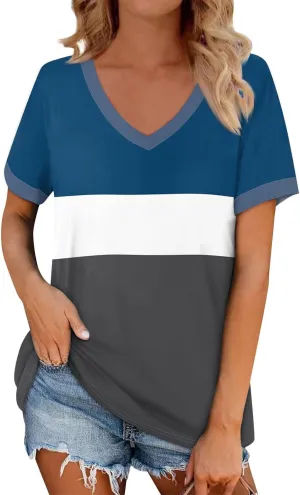 Womens Summer Tops Striped V Neck Short Sleeve T Shirts Casual Loose Fit Basic Tees Trendy Cute Dating Work Blouses