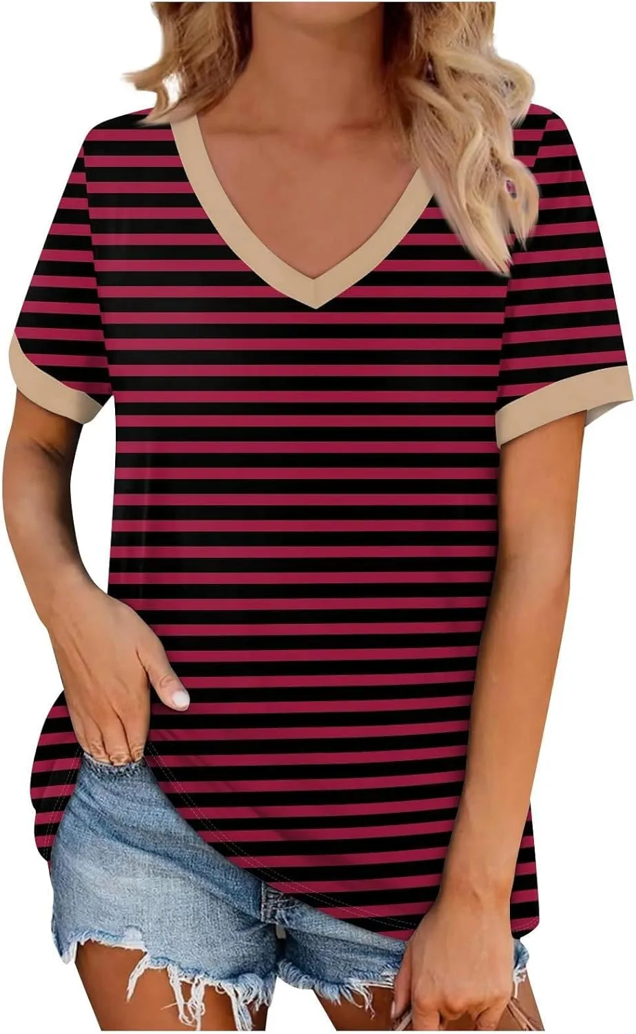 Womens Summer Tops Striped V Neck Short Sleeve T Shirts Casual Loose Fit Basic Tees Trendy Cute Dating Work Blouses